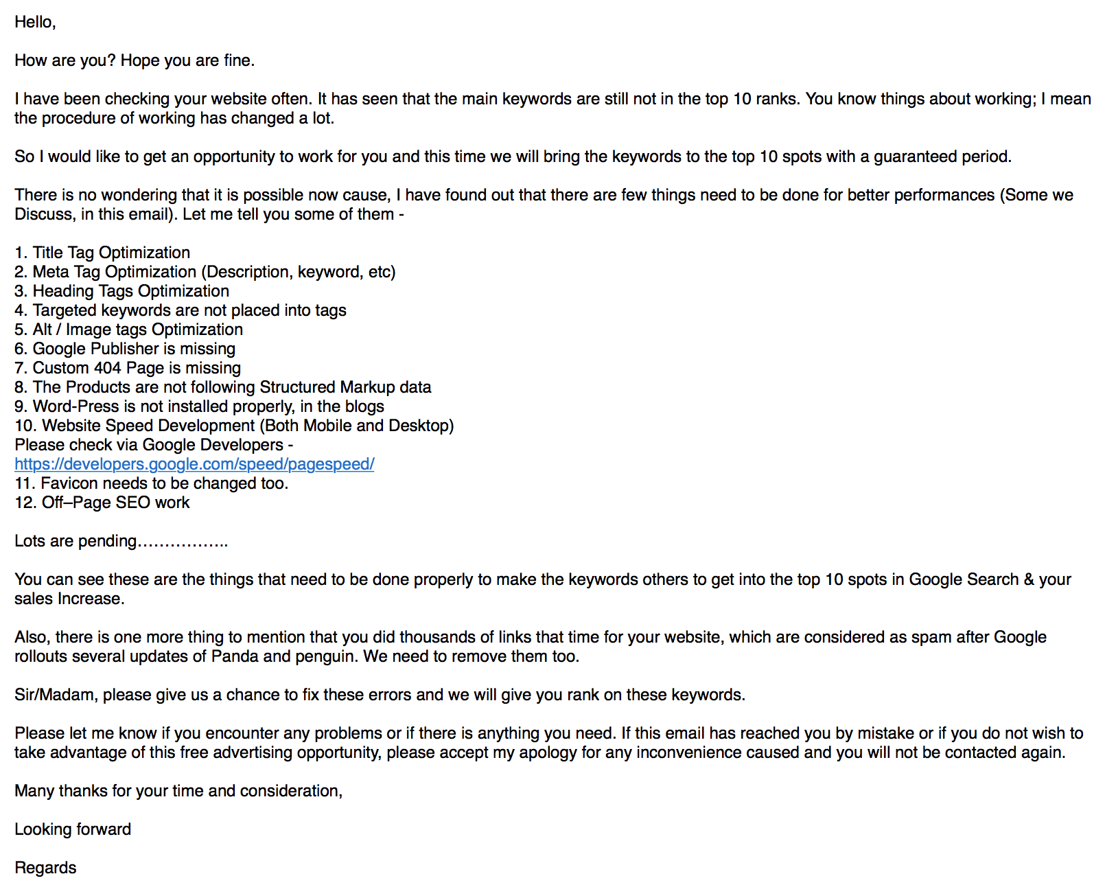 SEO email from a spammer